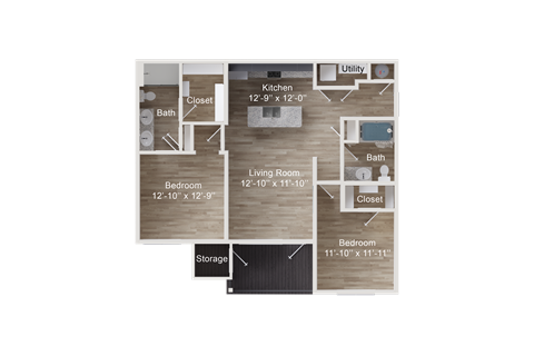 Floor plan for 2 beds, 2 baths, 1017 sqft